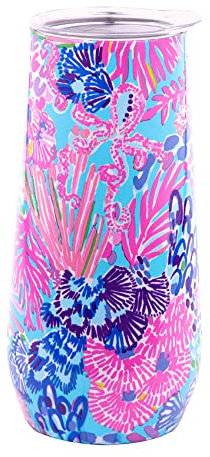 Lilly Pulitzer 10 Oz Stemless Champagne Flute, Small Stainless Steel Tumbler with Lid, Double Wall Insulated Metal Cup, Splendor in the Sand