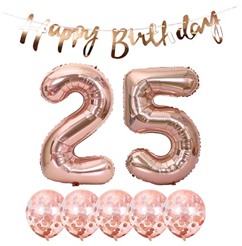 Chaungfu 2 Luftballons Zahl 25 Rosegold +5 Konfetti Luftballons+Rosegold banner Folienballon 25.Geburtstags deko Männer frauen Jahr Geburtstags Zahlenballon Mann frau