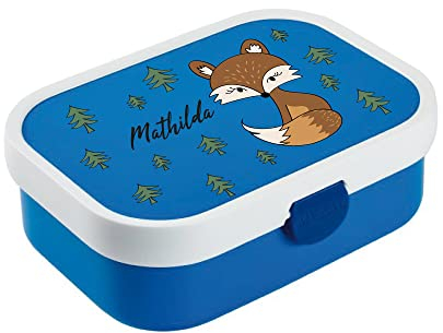 4youDesign blaue Brotdose mit Fächern -Fuchs- personalisiert mit Namen I Geschenk zur Einschulung für Jungen & Mädchen