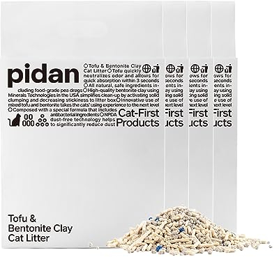 pidan Mix Tofu Katzenstreu (4 x 2,4 kg/6 l Beutel), 100% natürliches, geruchloses Tofustreu mit Bentonit, extra Starkes Klumpen, müheloses Schaufeln, spülbar, langlebige Geruchskontrolle, staubfrei