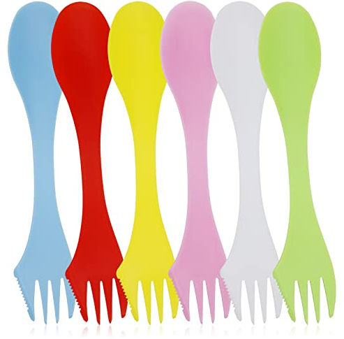 Lot de 6 couverts en plastique, portables et réutilisables, légers et solides, couverts de camping en plastique tout-en-un pour la randonnée en plein air