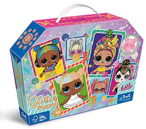 Trefl Junior - Bunte L.O.L. Puppen - Puzzle Glitter 70 Teile, Bequeme Kiste mit Griff, Glitzerpuzzle für kleine L.O.L. Suprise Fans, Spaß für Kinder ab 4