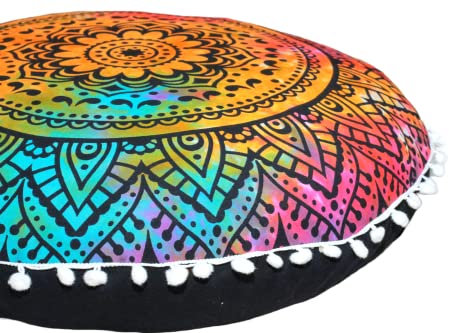 Runder Mandala-Bodenkissenbezug, Sitzkissen, Überwurf, Hippie, dekorativer Bohemian-Pouf-Bezug, Pompom-Kissenbezüge, Boho-Indisch, 55,9 cm (mehrfarbig)
