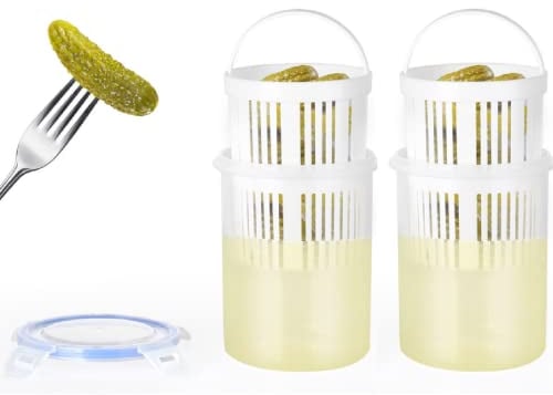 JYCRA 2 PCS Pickle Container Jar with Strainer,Plastic Pickle Jar Leak Proof Juice Separator Sieve Large Flip Jar with Leak Proof