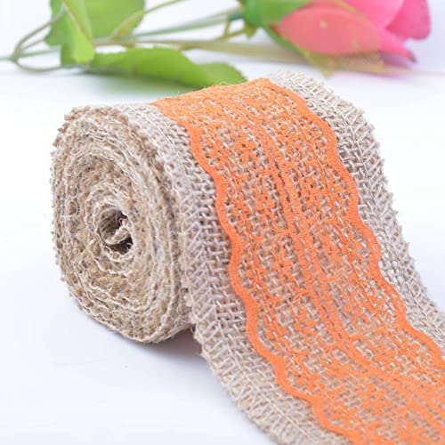 2m Juteband mit Spitze, Breite 6cm Vintage Spitze Juteband Jutebänder, Natürliche Jute Bänder und Spitze Dekoband für DIY Basteln Hochzeit Geschenkverpackung Weihnachten Deko Hausdeko, Orange