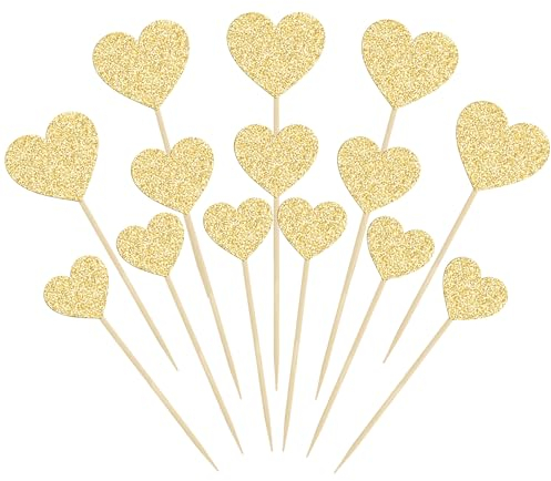 Gyufise 30Pcs Heart Cupcake Toppers Glitter Mixed Size Sweet Love Cupcake Picks Heart Cake Decorations Wedding Engagement Bridal Shower Birthday Valentine's Day Party Supplies Gold