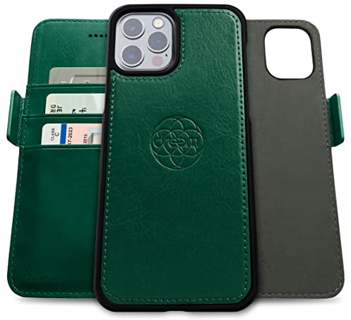 Dreem Fibonacci 2in1 Handyhülle Flipcase für iPhone 12 Pro Max | Magnetisches iPhone Case | TPU Etui Lederhülle Schutzhülle, RFID Schutz, Veganes Kunstleder, Geschenkbox | Grün