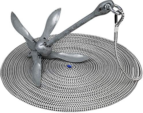 Seilflechter - Ankerset inkl. Festmacher 12 mm Ø, 30m Länge, 8kg Klappanker, 14mm Schäkel, rostfreie Edelstahl-Kausche fest eingespleißt, Taifun Ankerleine in Schwarz/Weiß mit 2.500 daN Bruchlast