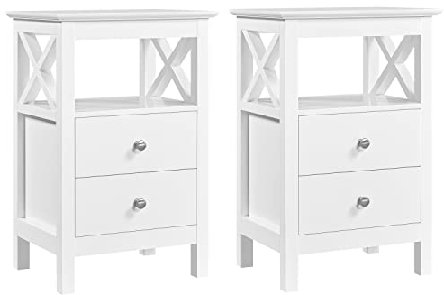 Yaheetech 2er Set Nachttisch Nachtschrank mit 2 Schubladen und 1 Offene Ablagefach Nachtkommode X-förmige Stütze Couchtisch Beistelltisch aus Holz Sofatisch für Schlafzimmer, 40 × 30 × 60 cm Weiß