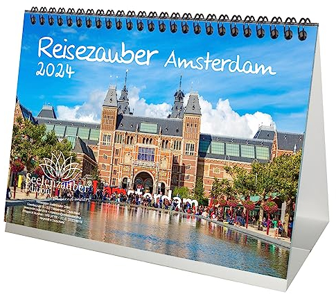 Reisezauber Amsterdam DIN A5 Tischkalender für 2024 Grachten Tulpen Urlaub Reise - Geschenkset Inhalt: 1x Kalender, 1x Weihnachtskarte (insgesamt 2 Teile)