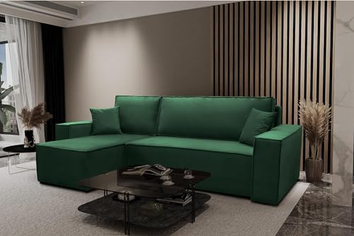 Kaiser Möbel, Ecksofa mit schlaffunktion, mit Bettkasten, Schlafsofa Atos, Designer Sofa, Modern Design Couch, Polsterecke, Freistehend, Polsterung Samt, Grün Links