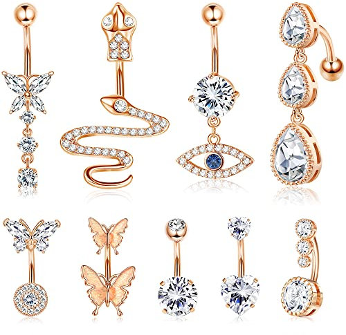 Milacolato 9pcs 14G Acier Inoxydable Piercing Nombril Mauvais Oeil Coeur Serpent Papillon CZ Longue Pendant Anneau de Nombril Barbell percing au Nombril Bijoux Or Rose