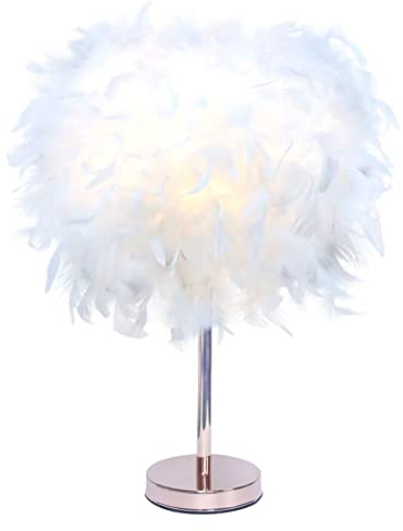 GUANSHAN Weiße Feder-Tischlampe mit roségoldenem Sockel, Feder-Lampenschirm, Nachtlicht, kreative Feder-Tischleuchte, dekorative Nachttischbeleuchtung für Wohnzimmer, Schlafzimmer