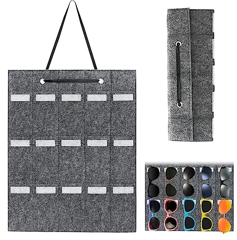 Veiteibe Organizzatore da Appendere per Occhiali da Sole in Feltro, 15 Scomparti Portaoggetti per Organizer per Contenere e Proteggere i Tuoi Occhiali da Sole e da Vista - Grigio