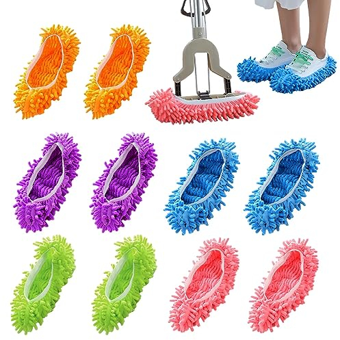 Wischmopp Schuhe, 5 Paare Mop Schuhe, Putzschuhe Microfaser, Putzschuhe, Wiederverwendbar Putz Schuhe, Putzsocken Ideal zum Reinigen von Staub, Schmutz und Haaren(5 Farben)