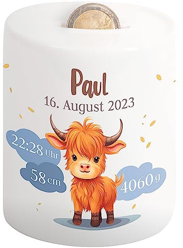Kinder-Spardose mit Namen & Geburtsdaten personalisiert - Wolken-Motiv - Geldgeschenk für Neugeborenen & Baby - Sparschwein für Mädchen & Jungen - Geschenk zur Geburt, Taufe, Geburtstag (Kälbchen)