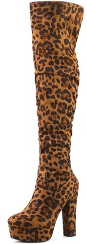 Allegra K Damen Plateau Runde Zehe Reißverschluss Slouch Heel Overknee Oberschenkel Hohe Stiefel, Leopard, 38 EU