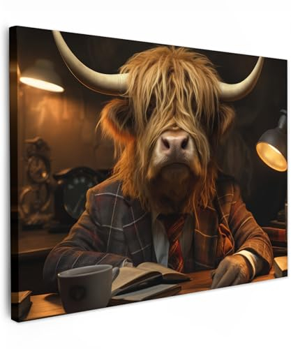 MuchoWow© Wandbilder 80x60 cm Schlafzimmer Home Deko Wohnung Bild Wohnzimmer Fotoleinwand Wand Bilder Leinwand Wall Decor Schottische Hochlandrind - Kuh - Highland Cow - Tier - Anzug - Büro