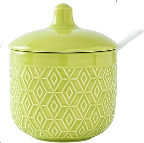 Sucrier, sucrier avec couvercle, pot de rangement en treillis gaufré coloré, sucrier en porcelaine de couleur unie, pot à sel, for bar à café, restaurant-rose-9x8x11.5cm ( Color : Green , Size : 9x8x1