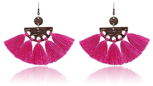 Pendientes De Flecos Bohemios Para Mujer - Retro Étnico Hollow Colgante Gota Para La Oreja Fucsia Borla Larga Colgante Joyería,Encanto Chic Playa Accesorios De Fiesta Delicada Tendencia Niñas