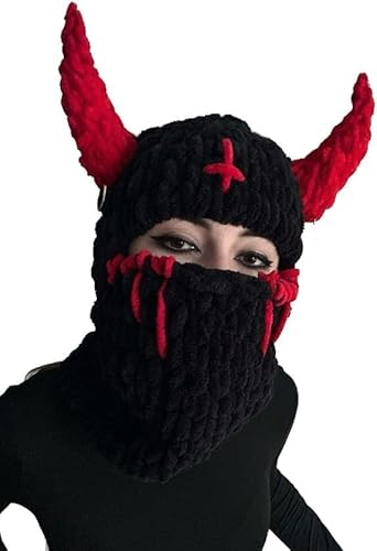 LUXRUB Lustige Y2K Strick Sturmhaube Gesichtsmaske Für Erwachsene Hasenohren Winter Ski Warmer Schal Totenkopf Mütze Halloween Kreative Kopfbedeckung (Color : Horn-Black C, Size : One Size)
