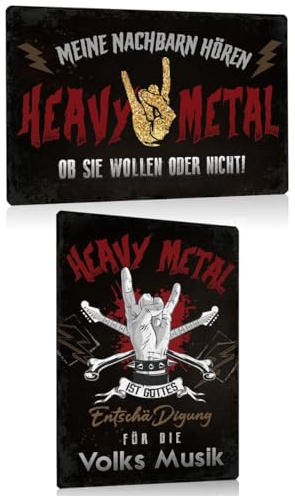 2er Set Retro Blechschild Heavy Metal 30x20cm - Rock Musik Metallschild mit Lustige Spruch - Meine Nachbarn hören Heavy Metal - Volksmusik - Schild Wanddeko Geschenk für Metal Fans Proberaum