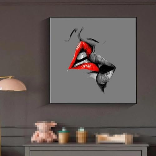dsdsgog Black and White Sexy Red Lip Canvas Painting Kissing Posters HD Printing Modern Wall Art Pictures Living Room Bedroom Decor 80x80cm Frameless