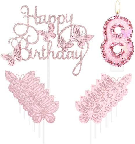 mciskin Happy 8th Birthday Candles,Butterfly Cake Decorations,Pink Number 8 Candle for Cake,Pink Cupcake Toppers Girls,Glitter Butterfly Topper for Girls' 8th Birthday Decorations
