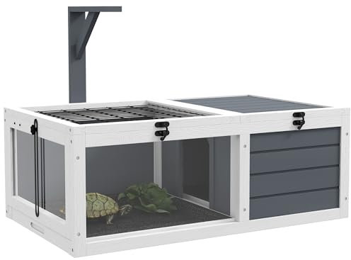 PawHut Maison enclos Cage pour Petit Animal Tortue avec 2 espaces, Support de Lampe 2 Plateaux coulissants, 81 x 48 x 31,5 cm - Bois Massif Gris