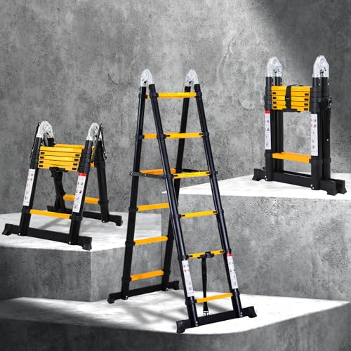 Yakimz Escalera telescópica de 3,8 m, escalera plegable de aluminio, portátil, antideslizante, escalera de tijera extensible, 1,9 m + 1,9 m, escalera multiusos de aluminio, estable, hasta 150 kg