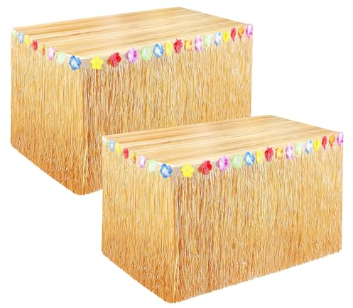 SALADOCY 2 Stück Hawaii Tischröcke, Luau Gras Tischrock, Hawaiian Party Dekorationen, mit Mehrfarbe Blumen, Sommer Tropische Garden Beach Party Hawaii Bar BBQ Dekoration