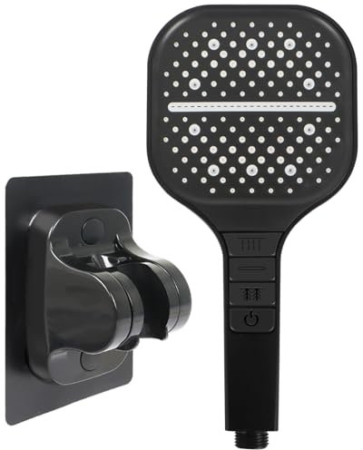 Soffione Doccia ad Alta Pressione, Doccia quadrata Filtrazione a 3 Strati, 7 Funzioni Getto, con Soffione Doccia Autoadesivo Base Senza Perforazione
