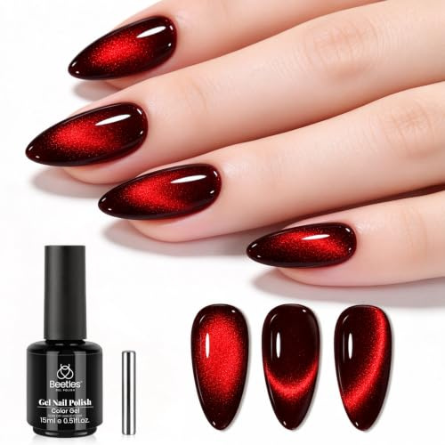 Beetles Cat Eye Gel-Nagellack Rubinrot Nagellack 15 ml Weihnachtlich Rot | Glitzer Gel Nail Polish Schimmereffekt Soak Off UV French Nail Art Design Salon DIY Maniküre Geschenke für Frauen