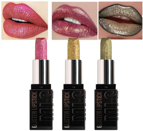 KARLOR Set di 3 rossetti metallizzati con brillantini, rossetti lucidi, rossetti con brillantini metallici, rossetto metallizzato, rossetto rosa oro bronzo, festival (larghezza set)
