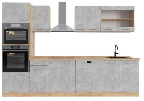 Vicco Küchenzeile R-Line, Beton/Goldkraft Eiche, 300 cm | 8 Module · Höhenverstellbare Füße · Ohne Arbeitsplatte · Robuste Fronten · Mit Backofen-/Mikrowellenschrank