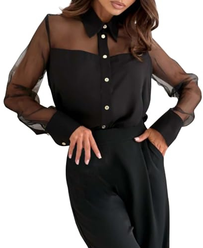 Damen Durchsichtig Bluse - Sheer Hemdshirt Elegant Langarm Button Down Mesh Oberteil Loose Chiffonbluse Oversized Hemdbluse Knöpfen Blusen Casaul V-Kragen Tops Weiße Festlich Shirts