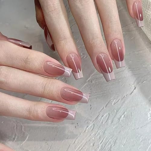 24pcs French Tip False Nails Medium Coffin Press on Nails Light Purple Edge Red Ombre Stick on Nail Removable Glue on Acrylic Fake Nail Tips Accessories for Women Girls