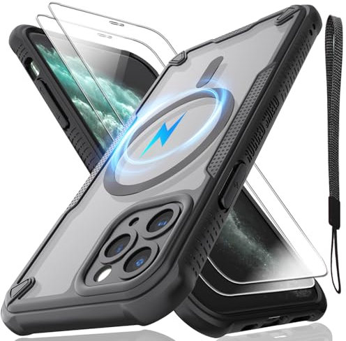 for iPhone 11 Pro Case, Translucent Matte Back Compatible with Magsafe Magnetic Slim Shockproof Protective Case with Lanyard Strap and 2*9H Tempered Glass Screen Protector Phone Cover 5.8-inch-Black