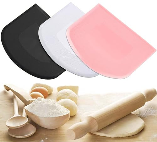 Qenovo 4 pezzi in acciaio inox tagliapasta + plastica PE di qualità alimentare flessibile per la cucina, raschietto per impasti per la cucina (bianco, rosa e nero)