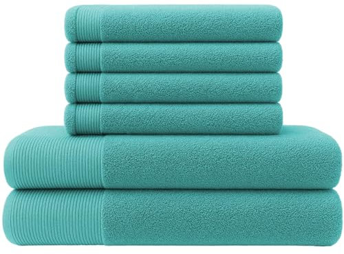 NOVOTEXTIL Toallas Baño – Juego de 2 Toallas Ducha 70x140 y 4 Toallas Cara 30x50 – 100% Algodón 480 g/m2 – Suaves y Absorbentes – Set Toallas para Ducha y Tocador (Aguamar)