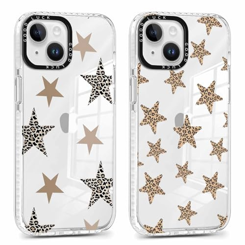 Vxinvnoi 2 Stück Handyhülle für iPhone 15 Hülle, Sterne Motiv Aesthetic Leopard Muster Mädchen Case, Transparent Weich Silikon Dünn TPU Bumper Stoßfeste Schutzhülle Cover für iPhone 15 6,1