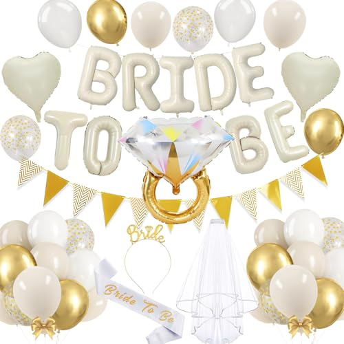 Affivia Bride to Be Deko Ballon Jga Accessoires Frauen Set,Jga Deko mit Bride to Be Luftballons+Schleier+Braut Schärpe+Stirnband,Beige Weiß Junggesellenabschied Ballons für Bachelorette,Hochzeit Party