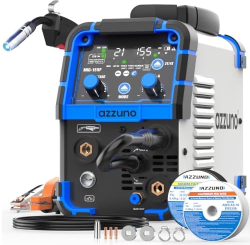 AZZUNO Soldador MIG de aluminio 155A, 110V/220V, soldador de alimentación de alambre 5 en 1