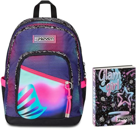 Seven Zaino Scuola Freethink, Rosa, Shadefull Girl, Doppio Scomparto, Tasca Porta PC, Medie e Superiori + Seven Diario 12 Mesi, Nero, Ragazza