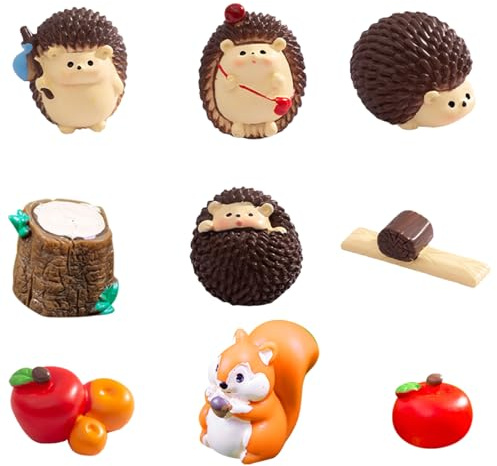 HTTDSLF 9 PCS Mini Igel Figur Herbst Deko, Niedliche Dekofigur, Igel Miniatur Figuren Herbst Harz Eichhörnchen, für Mikrolandschaft und Deko für Gartenarbeit, Erntedankfest Geburtstag Geschenk