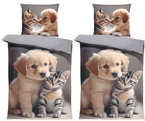one-home 4 teilig Bettwäsche 135x200 cm Hunde Katzen grau Biber Winter Flanell Baumwolle