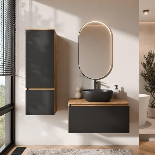 Planetmöbel Arisa Badmöbel Set Waschtisch mit Unterschrank | 80 cm, gold eiche schwarz mit Glora Spiegel und Hochschrank, Waschbecken 42 cm gold eiche schwarz, Raumsparsiphon