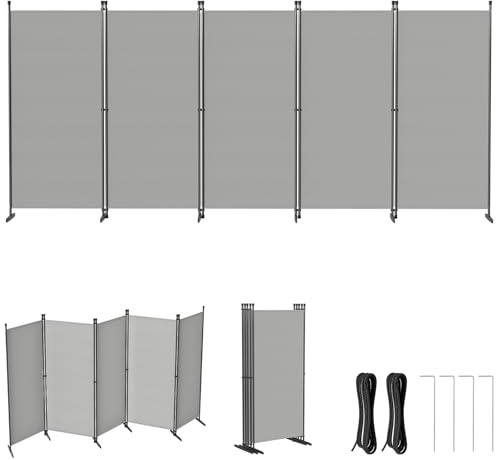 Froadp Paravent Raumteiler 5 Teilig Faltbarer Raumtrenner 400x180cm Flexible Stellwand Sichtschutz mit Erdnägeln und Seilen Freistehend Trennwand für Wohnzimmer Büros Garten Balkon, Hellgrau