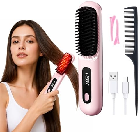 Spazzola Lisciante per Capelli 3 Temperature (160-180-200℃) Display LED Portatile Spazzola Lisciante Senza Fili per Capelli Corti Riscaldamento Rapido