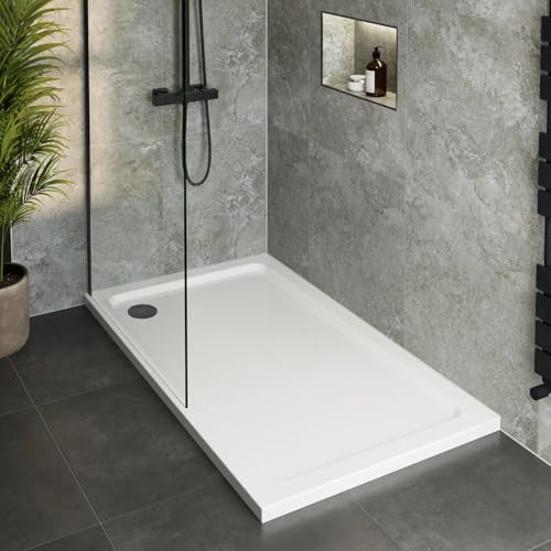 Hydrolux® 1000 x 800 x 45mm White Bathroom Low Profile Shower Tray for Enclosures Cubicles & Wet Room with Black Waste, Rectangular